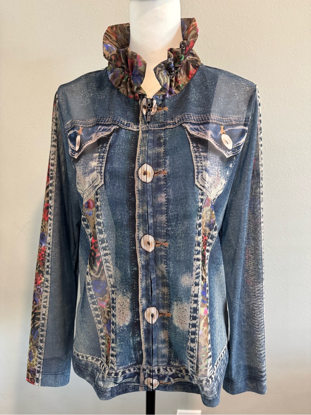 John Mark Denim-Style Mesh Zip Jacket Wire Collar S